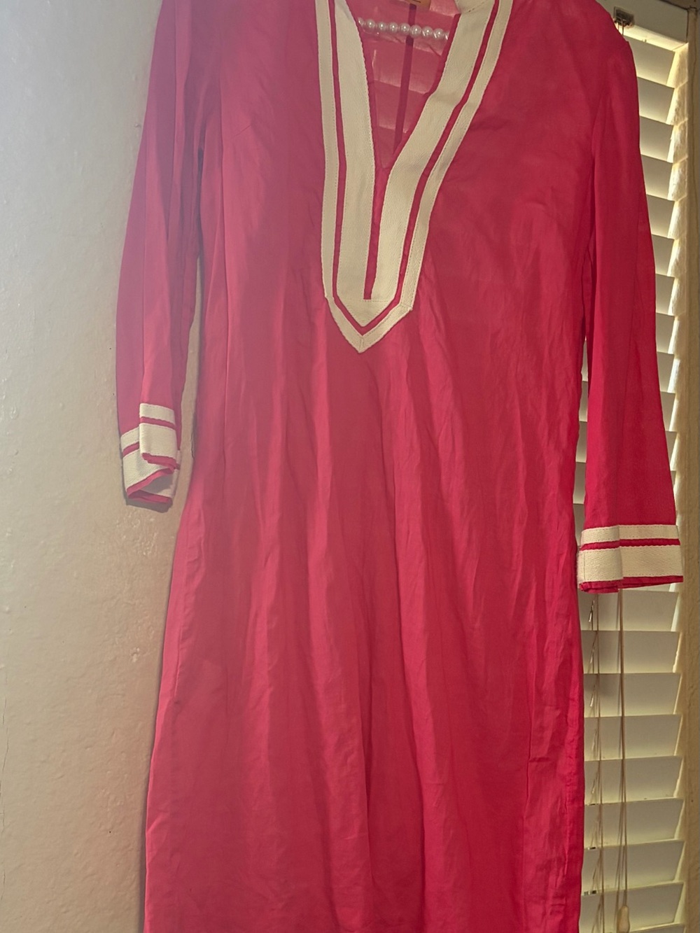 Tory Burch Hot Pink Long Sleeve Tunic Dress with Cream Trim